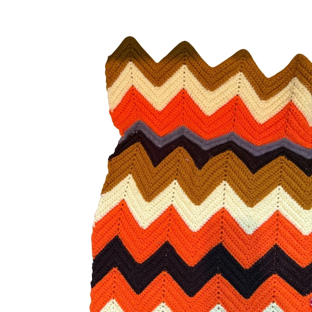 Vtg Crochet Afghan Blanket Zig Zag Chevron Orange Brown Cream Cottagecore Hippie